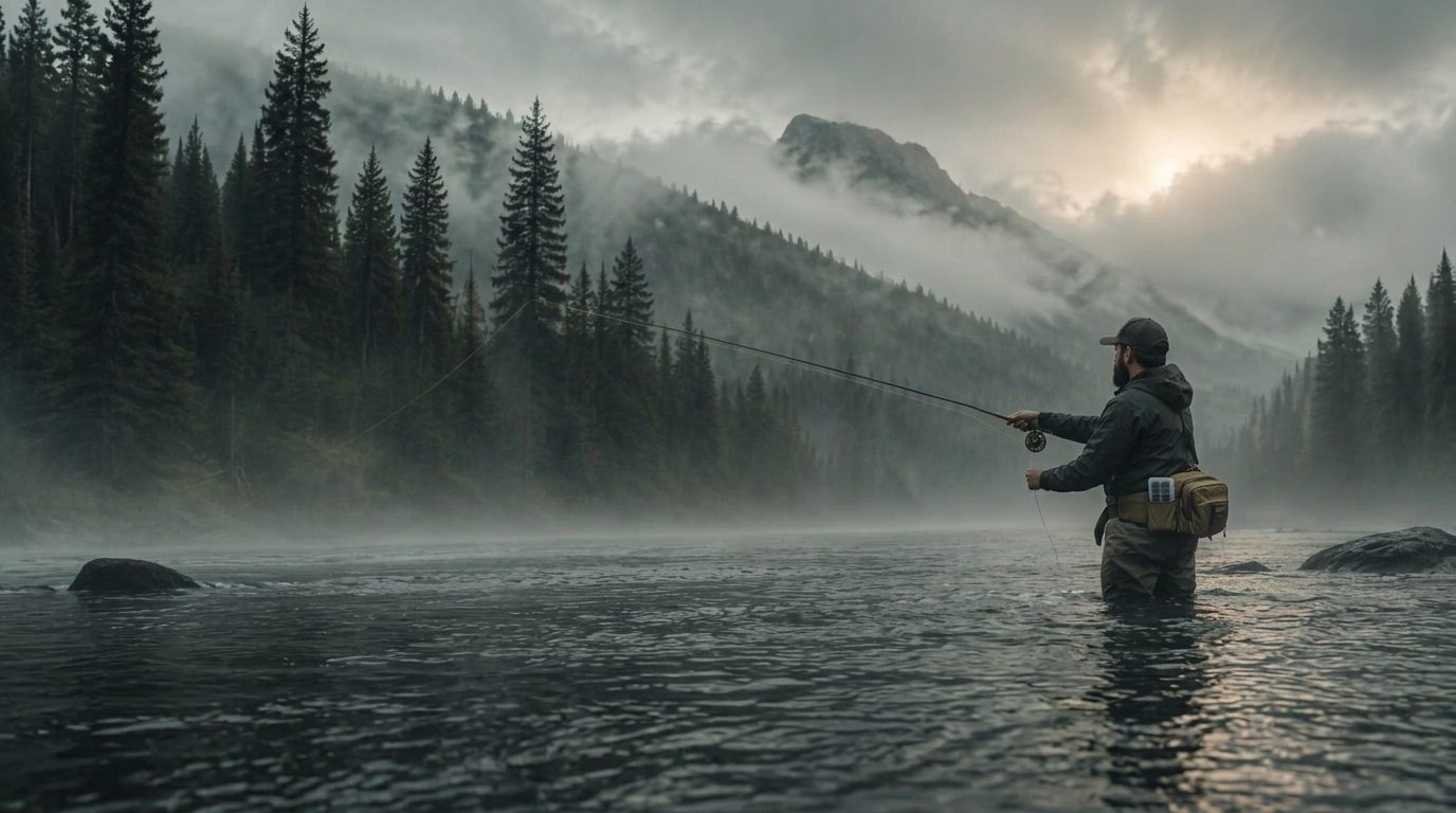 Fly fisher casting in a misty river at dawn